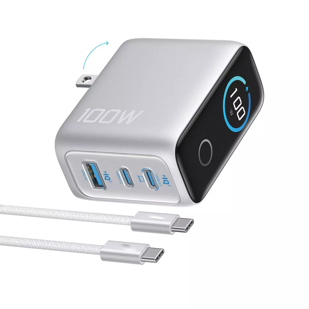 100W GaN 3‑Port Wall Charger With Real‑Time Smart Display & Braided Cable