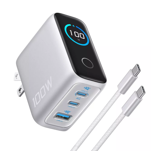 100W GaN 3‑Port Wall Charger With Real‑Time Smart Display & Braided Cable